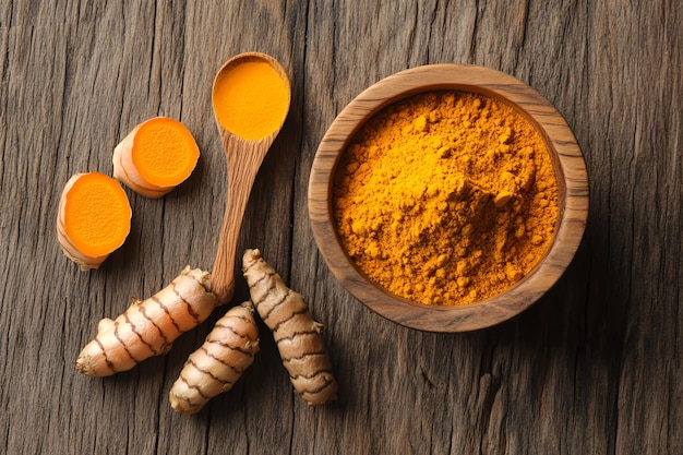 Photo a wooden bowl of turmeric and orange spice with a wooden spoon