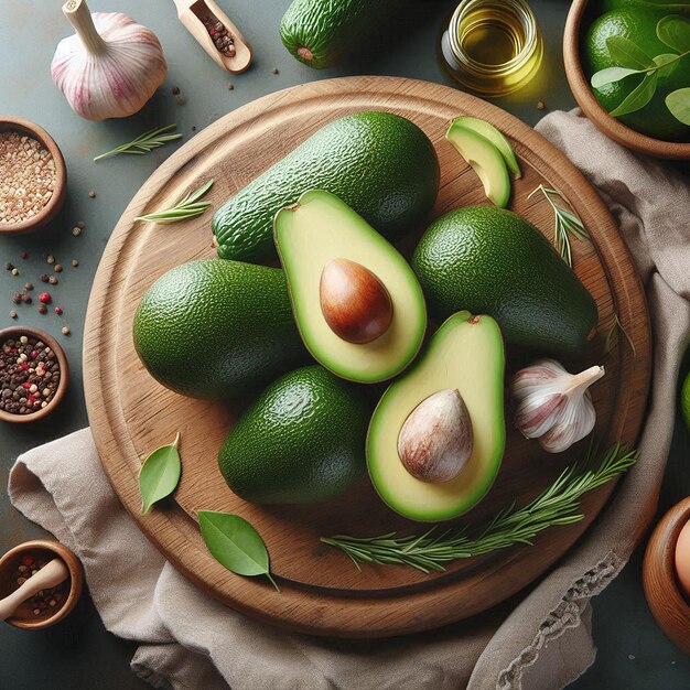 Photo a wooden bowl with avocados and avocados on it