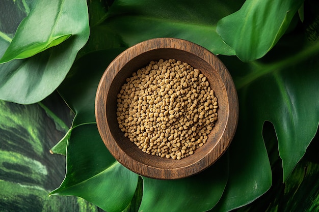 a wooden bowl with a brown flak of seeds in it