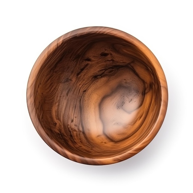 A wooden bowl with a brown rim and a white background.