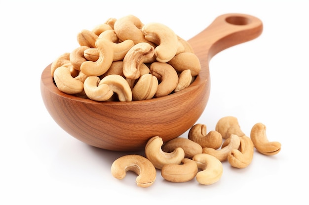 a wooden bowl with cashews in it and a wooden spoon in it