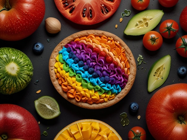 Photo a wooden bowl with different fruits and vegetables on it