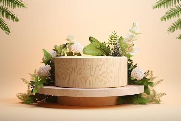 Photo a wooden bowl with flowers and a planter on the top