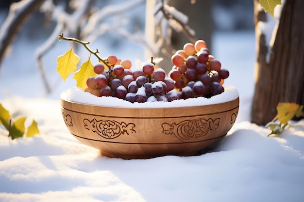 A wooden bowl with grapes outdoors in the snow Generative Ai