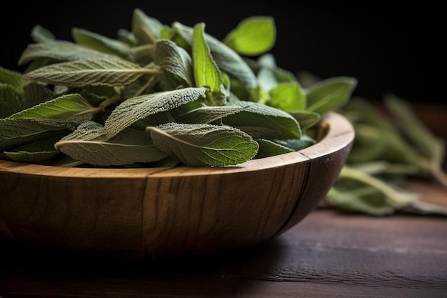 a wooden bowl with green leaves and a wooden background