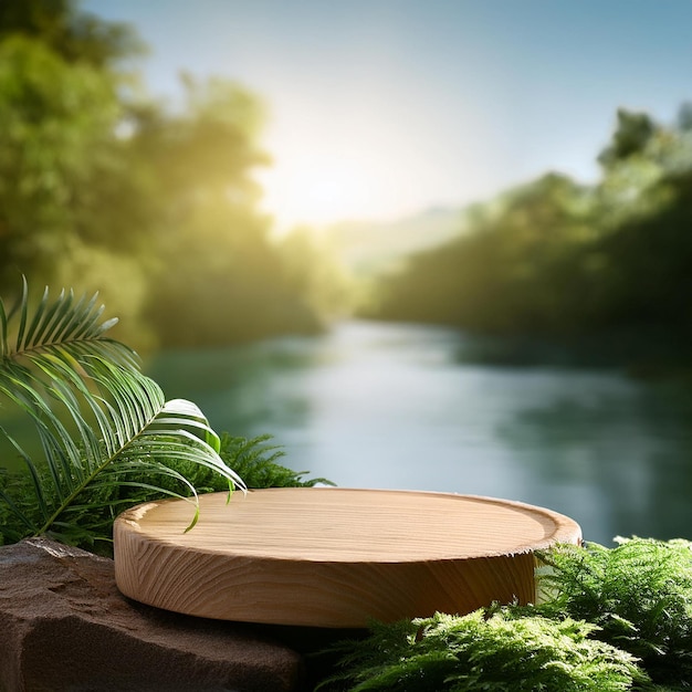 a wooden bowl with a green plant in the foreground