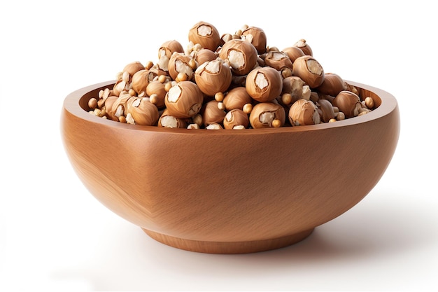 A wooden bowl with hazelnuts on a white background Raw nuts on their own