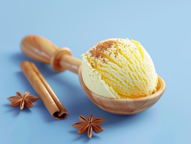 a wooden bowl with ice cream in it and a wooden spoon on it