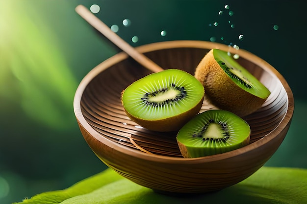 A wooden bowl with kiwi fruit on it