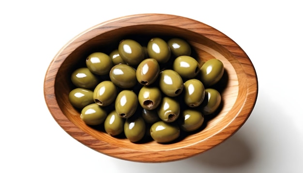 a wooden bowl with olives isolated on white background