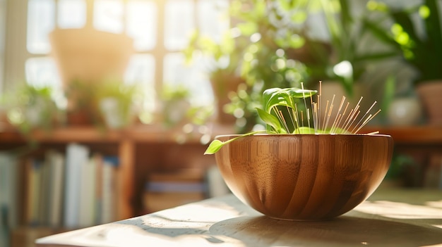 a wooden bowl with a plant in it in the sunshine in garden