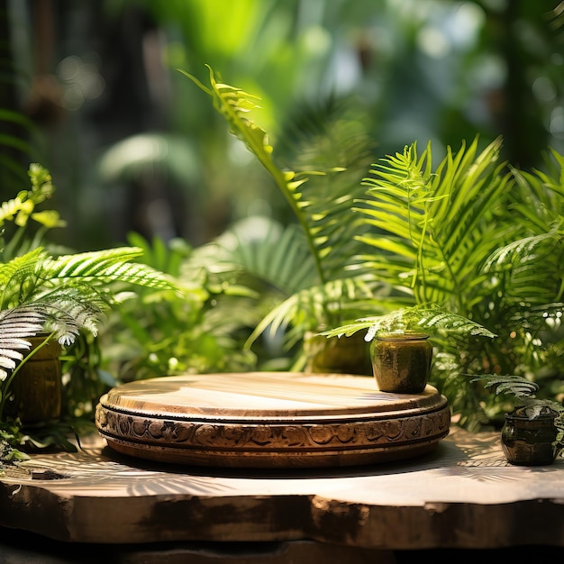 a wooden bowl with a plant in the middle of it