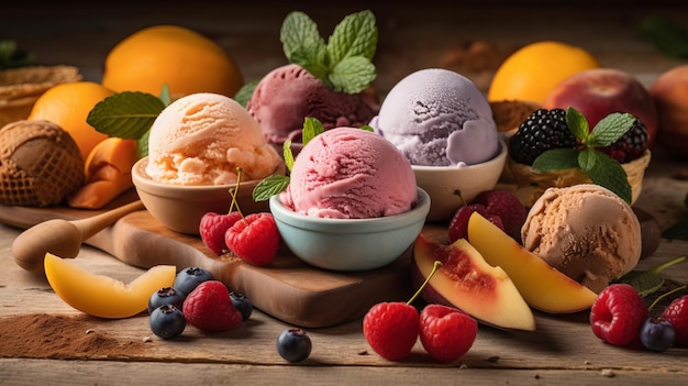 Wooden bowl with scoops of ice cream berries and mint AI generated