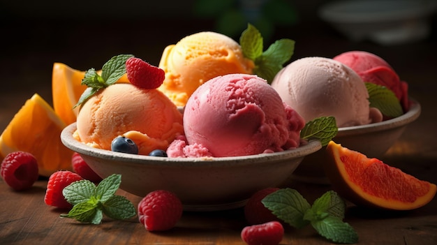 Wooden bowl with scoops of ice cream berries and mint AI generated