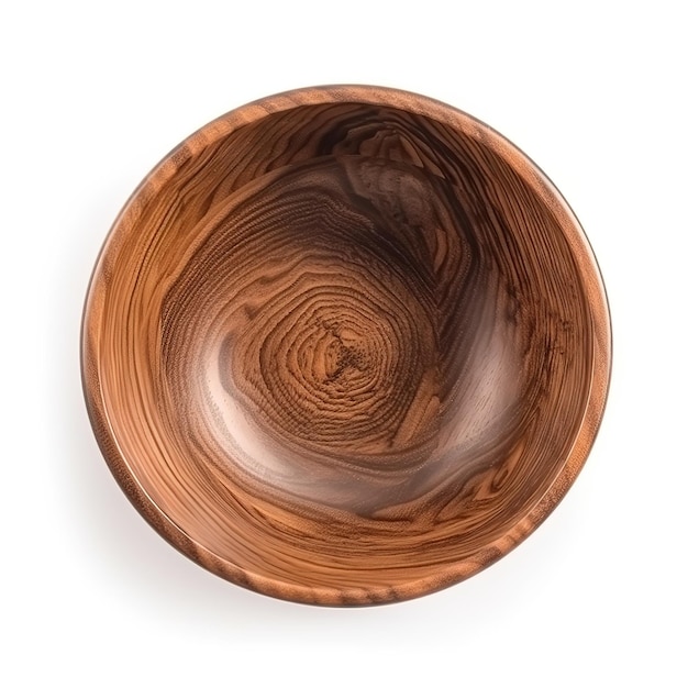 A wooden bowl with a spiral pattern in the center.