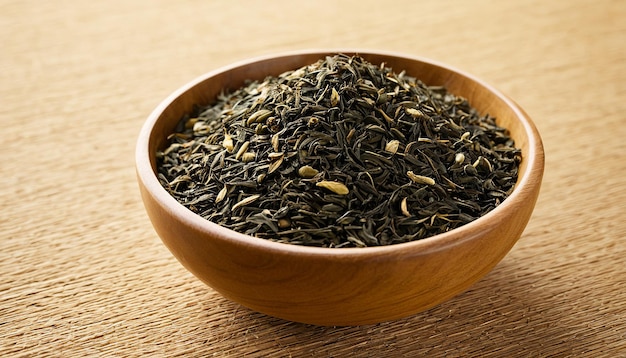 Photo a wooden bowl with tea in it and a small wooden bowl with a green tea in it