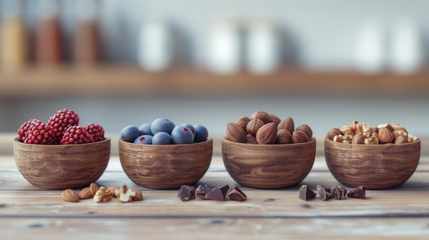 wooden bowls brimming with nuts berries and chocolate chunks on a clean background inviting viewers