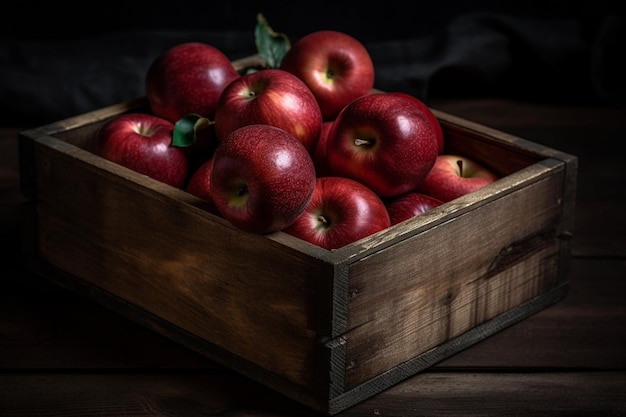 A wooden box of apples is on a table.