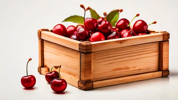 wooden box of cherries isolated on white or transparent background