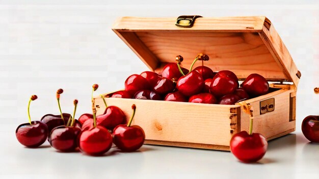 Photo wooden box of cherries isolated on white or transparent background