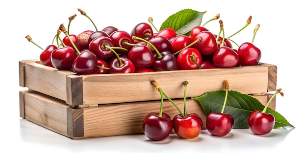 wooden box of cherries on white background