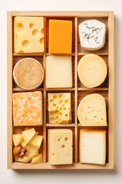 Photo a wooden box filled with lots of different types of cheese