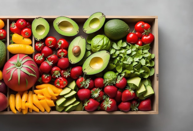 A wooden box of fruit and vegetables including avocado, avocado, avocado, and mango.