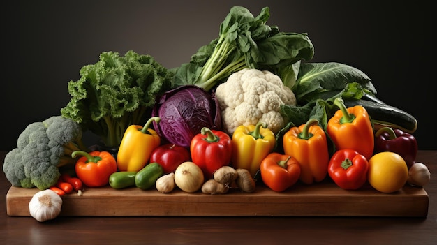 Wooden box full of fresh vegetables and fruits on white background