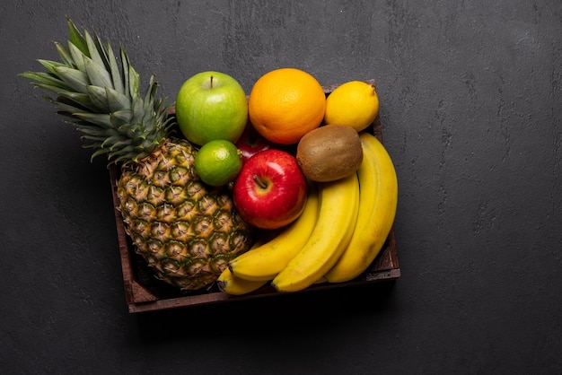 Wooden box full of healthy food