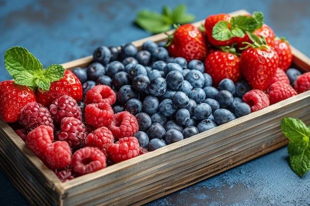 Wooden box full of various organic fruits on blue surface