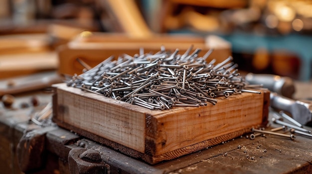 Wooden Box of Nails on Industrial Workbench