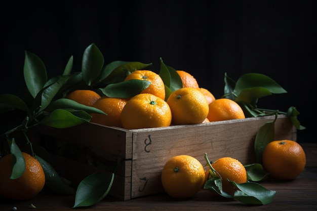 A wooden box of oranges with leaves on the top