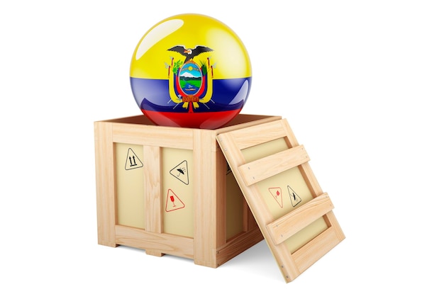 Wooden box parcel with Ecuadorian flag Shipping and delivery in Ecuador concept 3D rendering isolated on white background