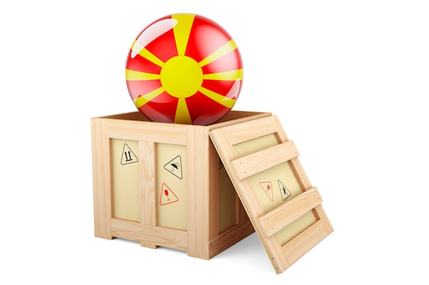 Wooden box parcel with Macedonian flag Shipping and delivery in Macedonia concept 3D rendering