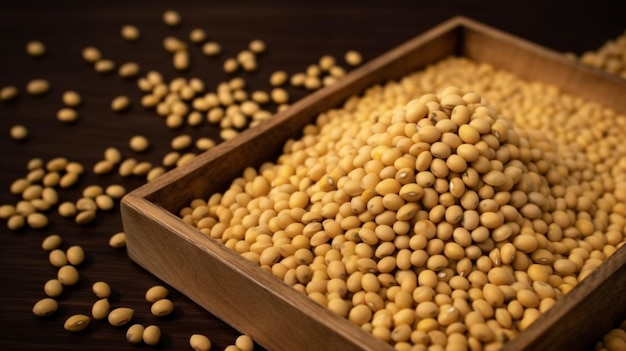 A wooden box of soybeans with a few scattered seeds on the side.