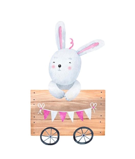 A wooden box on wheels with a cute bunny Toy train car Watercolor hand drawn illustration Isolated on white