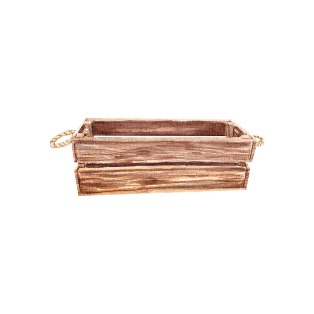 Wooden box on a white background Watercolor illustration Decorative box for plants made of wood