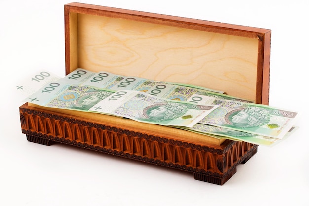 A wooden box with 100 dollar bills in it