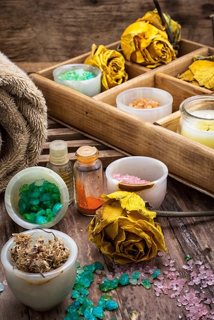 Photo wooden box with accessories for spa treatments