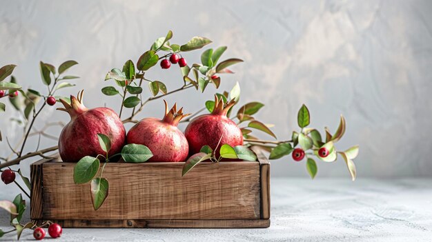 a wooden box with apples and leaves on it and a branch with berries in the background