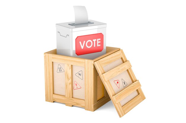 Wooden box with ballot box 3D rendering isolated on white background