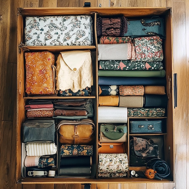 a wooden box with a bunch of clothes inside of it