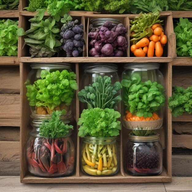 a wooden box with a bunch of vegetables in it