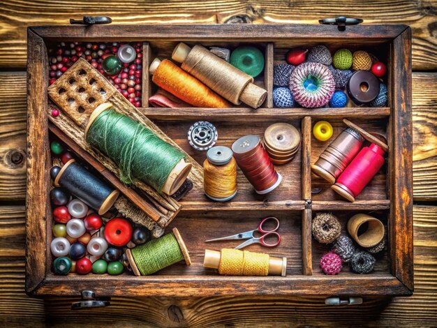 a wooden box with a bunch of yarn and a sewing machine