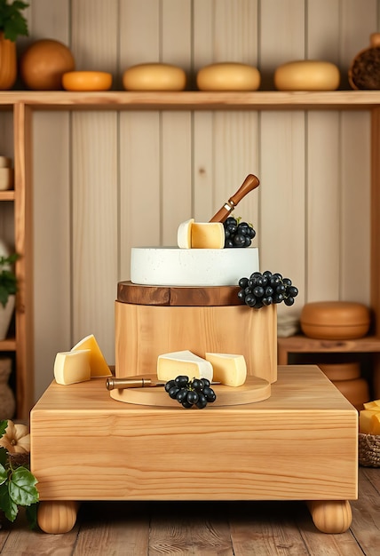 Photo a wooden box with cheese and a knife on it