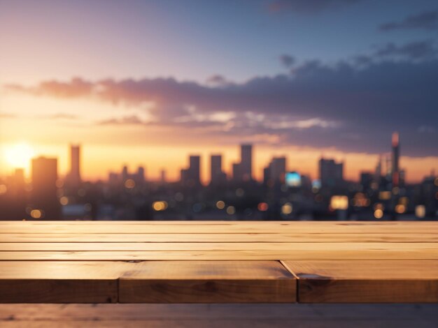 Photo a wooden box with a city skyline in the background