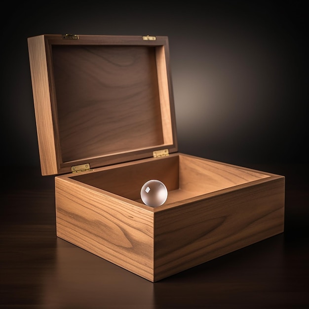 A wooden box with a glass ball inside that says " the word " on it ".