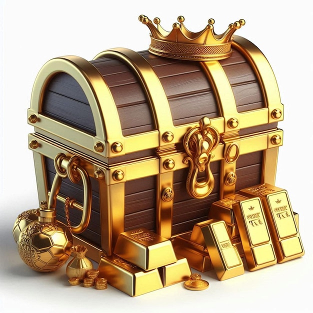 a wooden box with gold bars and a gold crown on it