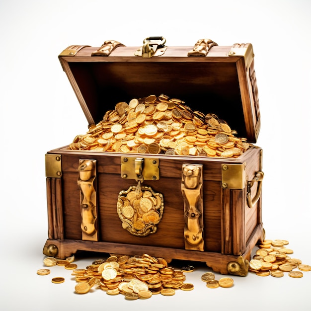 a wooden box with gold coins and a wooden box with a gold coin on it