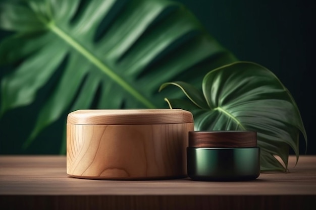 A wooden box with a green leaf behind it